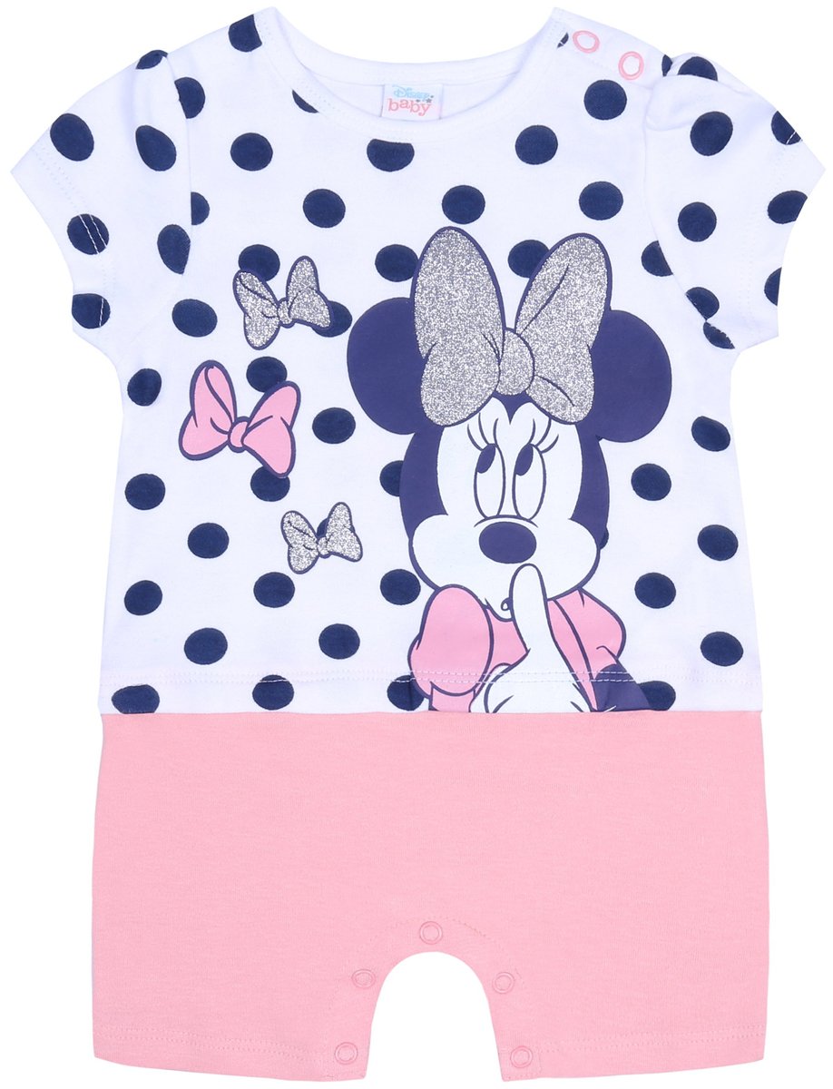 Biało-różowy rampers w granatowe grochy z wizerunkiem Myszki Minnie DISNEY 18 m 86 cm