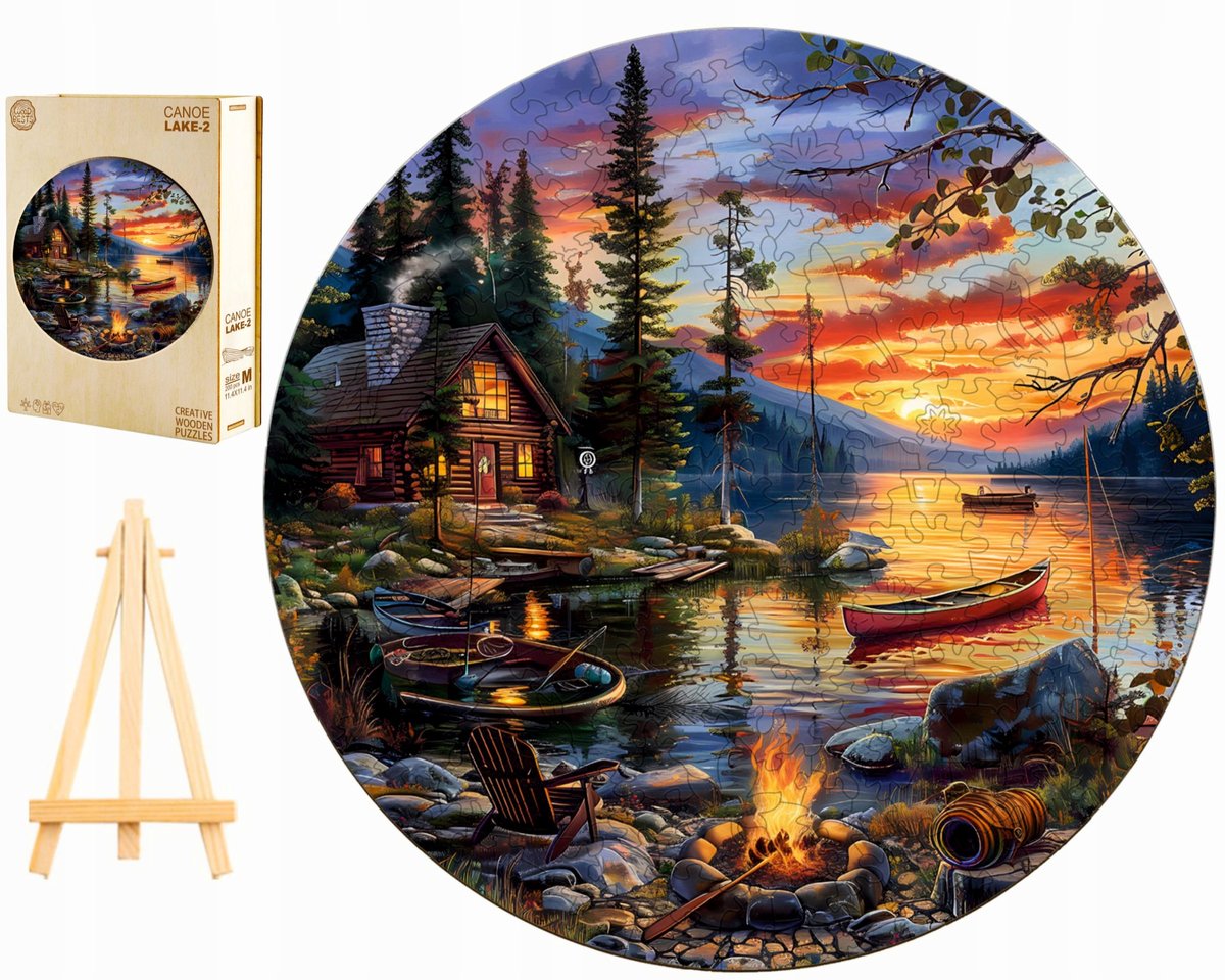 PUZZLE DREWNIANE DUŻE 300 ELEMENTÓW DOMEK NAD JEZIOREM W DREWNIANYM PUDEŁKU