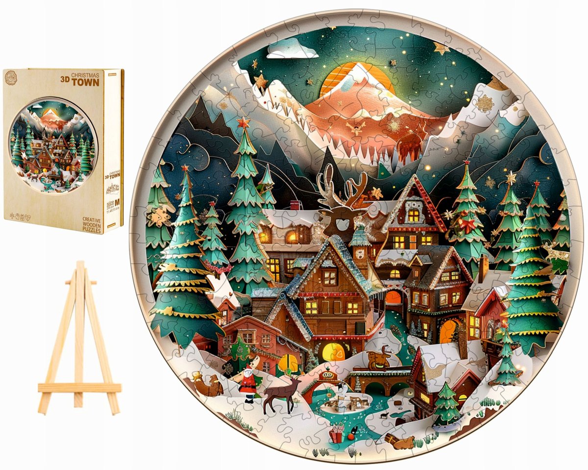 PUZZLE DREWNIANE DUŻE 280 ELEMENTÓW ZIMOWE MIASTECZKO 3D DREWNIANE PUDEŁKU