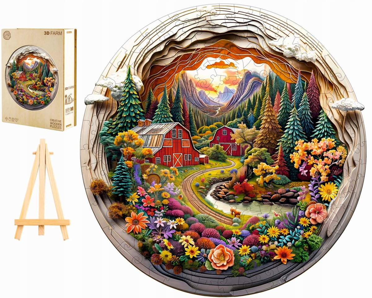 PUZZLE DREWNIANE DUŻE 290 ELEMENTÓW FARMA W GÓRACH 3D W DREWNIANYM PUDEŁKU