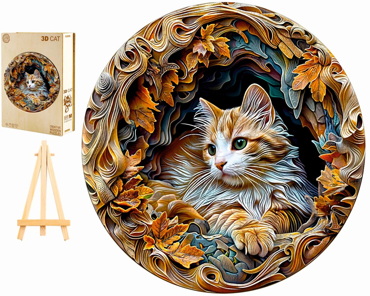 PUZZLE DREWNIANE DUŻE 300 ELEMENTÓW KOT 3D WITRAŻ W DREWNIANYM PUDEŁKU