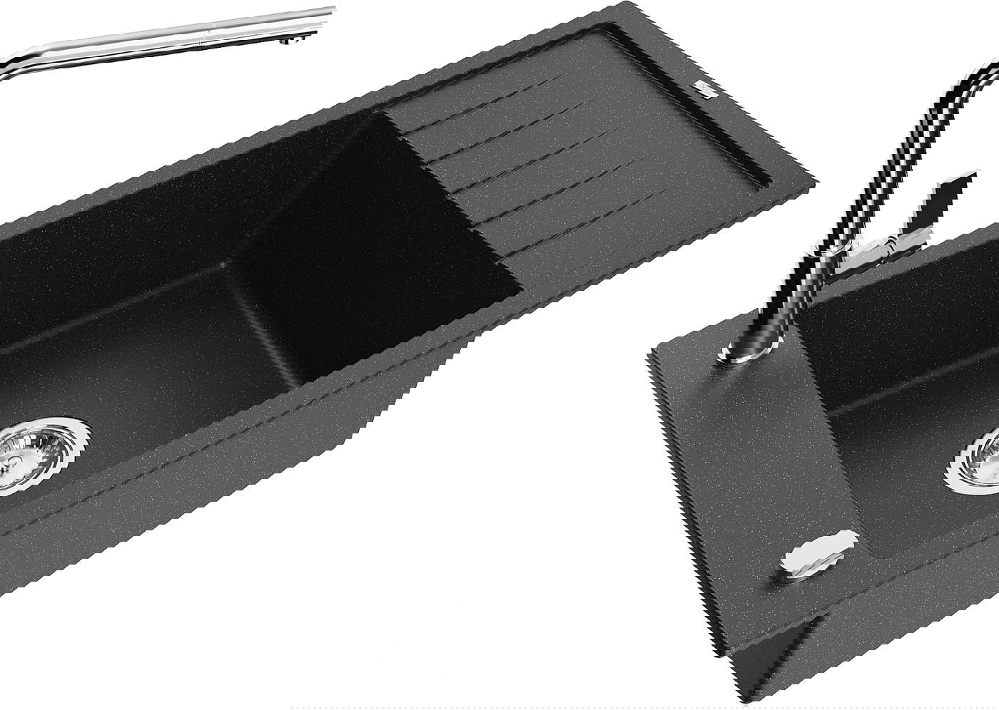 Mexen Elias zlewozmywak granitowy 1-komorowy z ociekaczem i baterią kuchenną Flora, czarny/srebrny metalik - 6511-73-670401-00