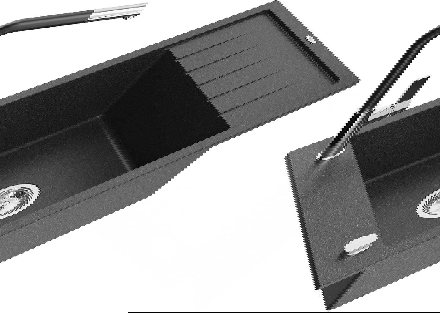 Mexen Elias zlewozmywak granitowy 1-komorowy z ociekaczem i baterią kuchenną Flora, czarny nakrapiany - 6511-76-670401-07