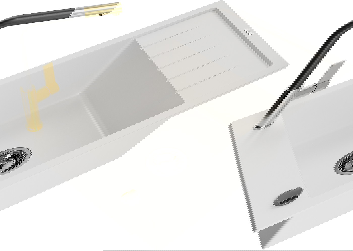 Mexen Elias zlewozmywak granitowy 1-komorowy z ociekaczem i baterią kuchenną Flora, biały - 6511-20-670401-57-B