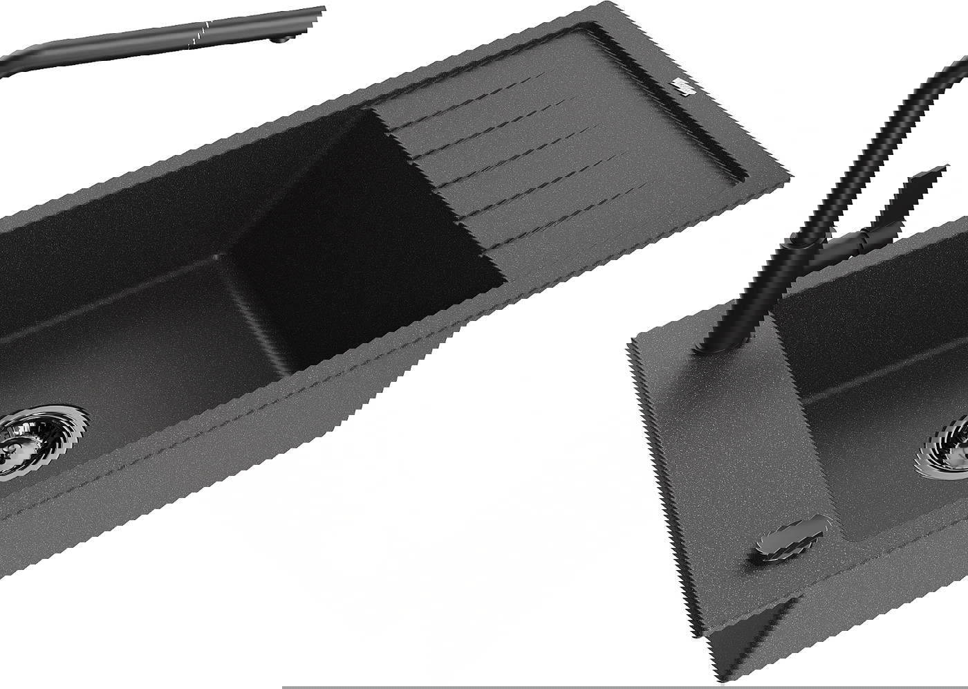 Mexen Elias zlewozmywak granitowy 1-komorowy z ociekaczem i baterią kuchenną Flora, czarny nakrapiany - 6511-76-670401-70-B