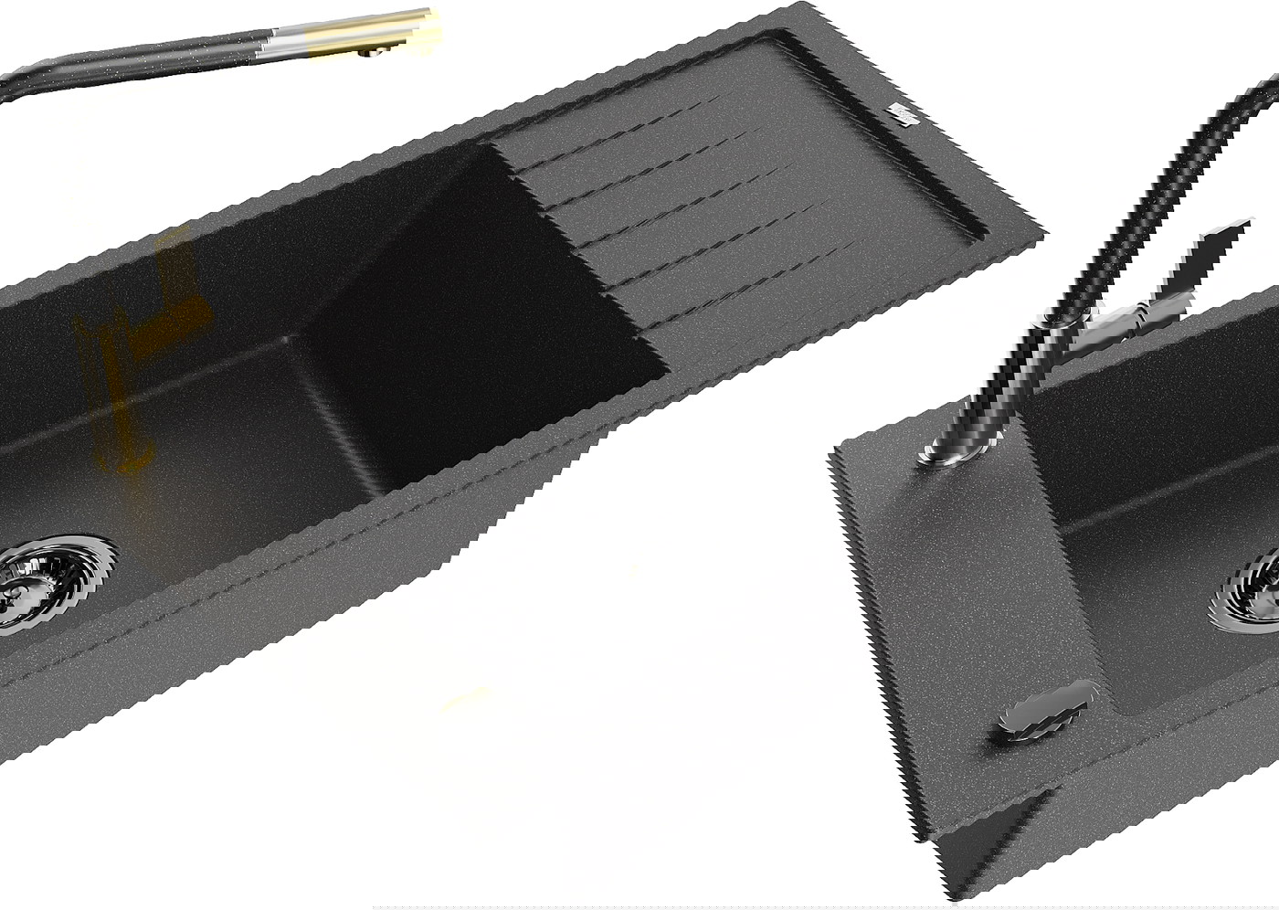 Mexen Elias zlewozmywak granitowy 1-komorowy z ociekaczem i baterią kuchenną Flora, czarny nakrapiany - 6511-76-670401-75-B