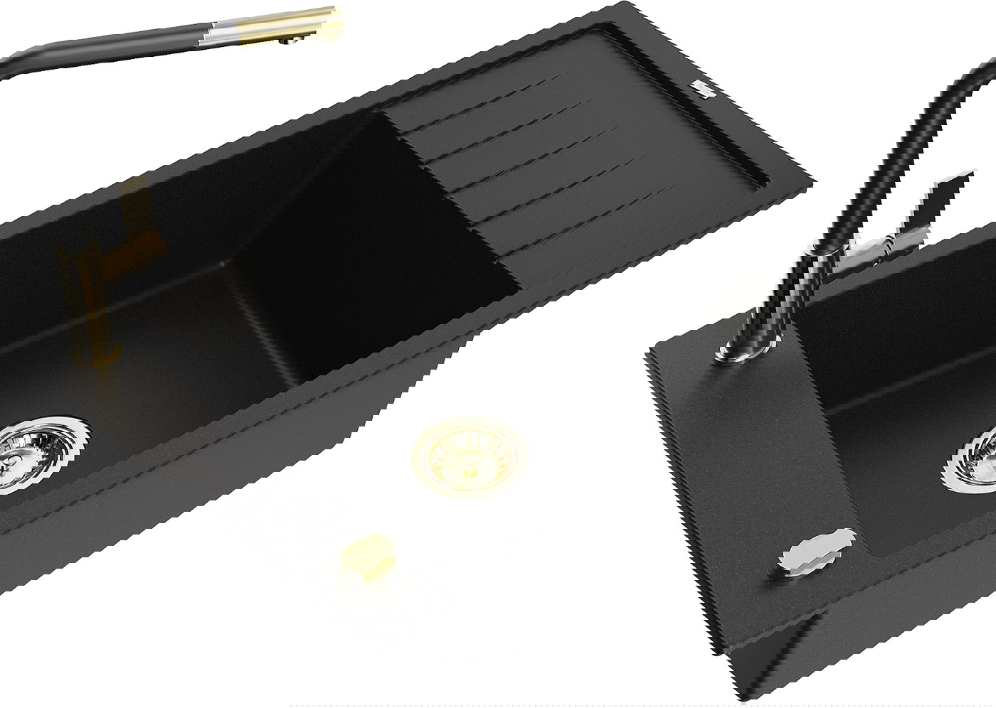 Mexen Elias zlewozmywak granitowy 1-komorowy z ociekaczem i baterią kuchenną Flora, czarny - 6511-77-670401-57-G