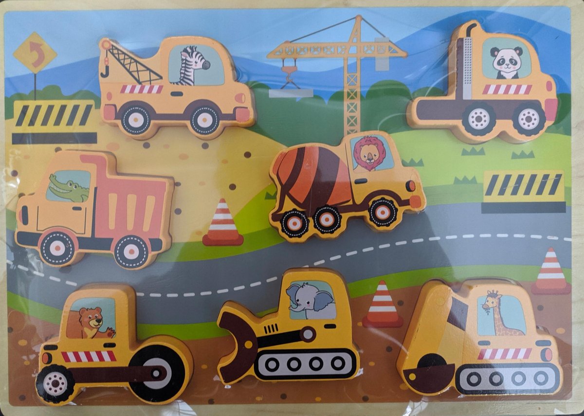 DREWNIANE PUZZLE XL ZWIERZĘTA W SAMOCHODACH PRZY BUDOWIE DROGI MINI MATTERS