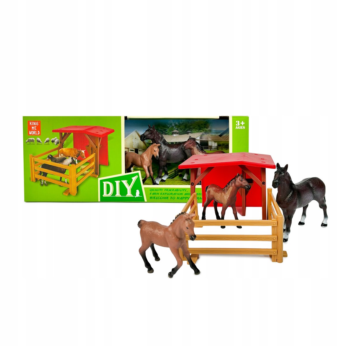 ZWIERZĘTA DOMOWE WIEJSKIE FARMA FIGURKI 3 KONIE + WIATA OGRODZENIE