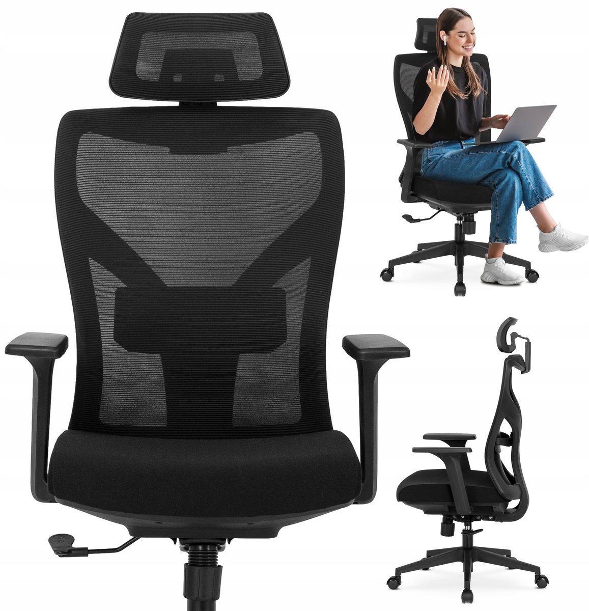 Krzesło Obrotowe Biurowe Fotel Ergonomiczny Biurowy Obrotowy Czarny SPIRAL