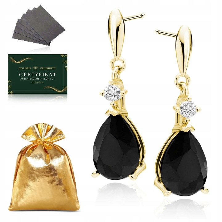 Kolczyki Czarne Wiszące Złote Pozłacane Długie 925/585 Prezent Dla Kobiety