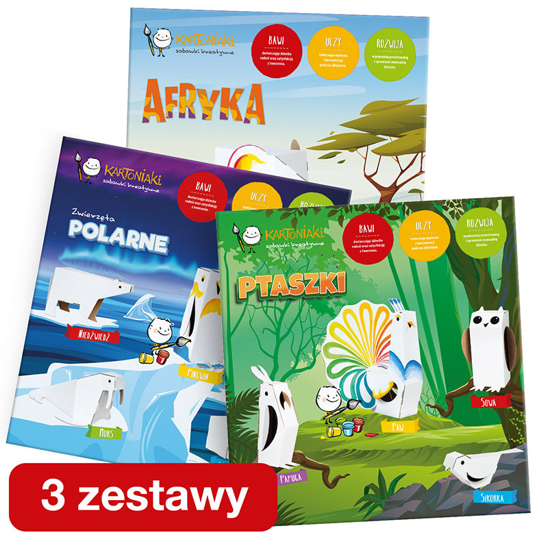 Kartoniaki - Pakiet 3 zestawy: Kreatywne zestawy tekturowych zwierzątek do składania i malowania. Afryka, Polarne, Ptaszki.