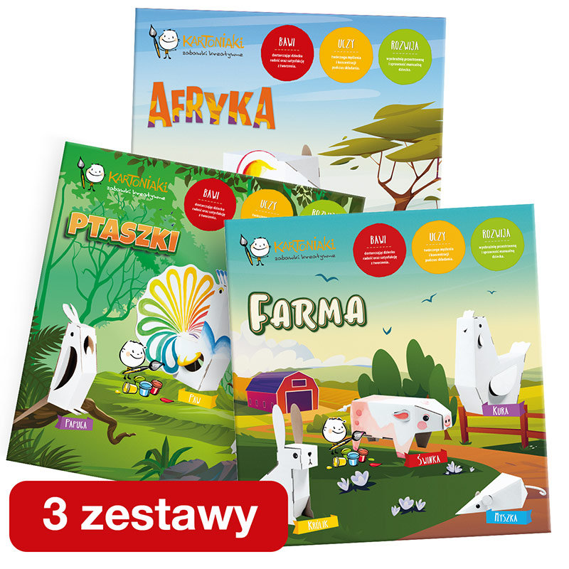 Kartoniaki - Pakiet 3 zestawy: Kreatywne zestawy tekturowych zwierzątek do składania i malowania. Afryka, Ptaszki, Farma.