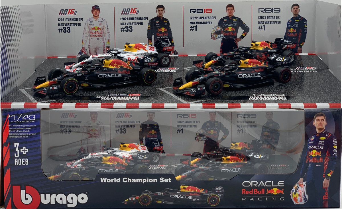 ZESTAW Red Bull F1 TYLKO Verstappen 2021-2023 RB19 RB18 RB16B  BBurago 1:43
