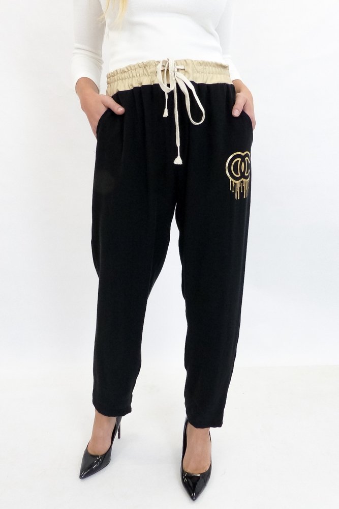 Czarne Luźne Lejące Spodnie Damskie Eleganckie ze Złotymi Elementami UNI