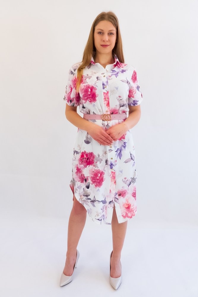 Biało-Różowa Sukienka Szmizjerka w Kwiaty z Paskiem 40