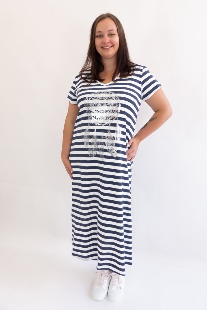 Długa Sukienka w Paski z Łapaczem Snów Granatowo-Biała UNI