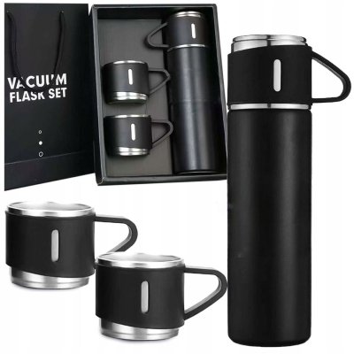 KingSzop TERMOS Z FILIŻANKAMI 500ML Czarny KUBEK TERMICZNY STAL NIERDZEWNA ZESTAW + mini gra zestaw