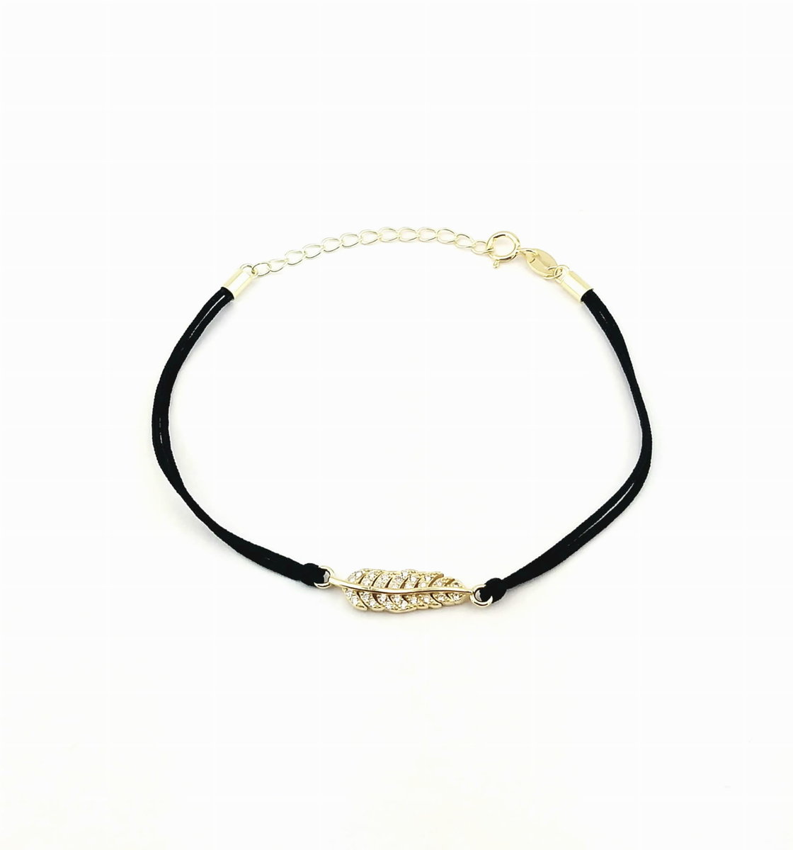 Pozłacana Bransoletka na czarnym sznurku liść z cyrkoniami