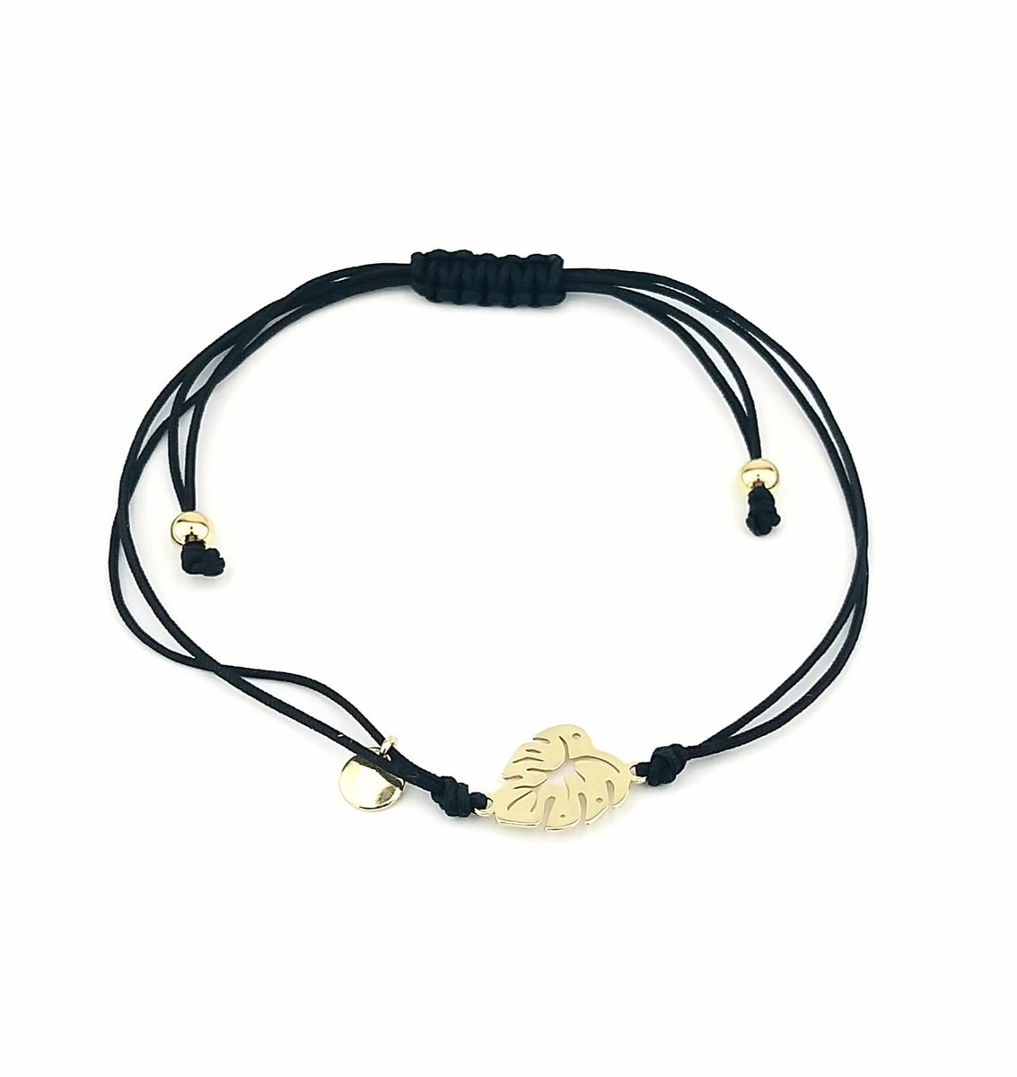 Pozłacana Bransoletka na czarnym sznurku Liść Monstera