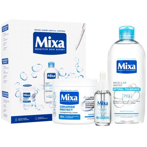Mixa Hyaluronic Acid + Lactic Acid Anti-Dryness Hydrating Serum Zestaw serum do twarzy Hyaluronic Acid Lactic Acid Serum 30 ml + płyn micelarny Optimal Tolerance Micellar Water 400 ml + krem do ciała Ceramide Protect Strengthening Cream 400 ml