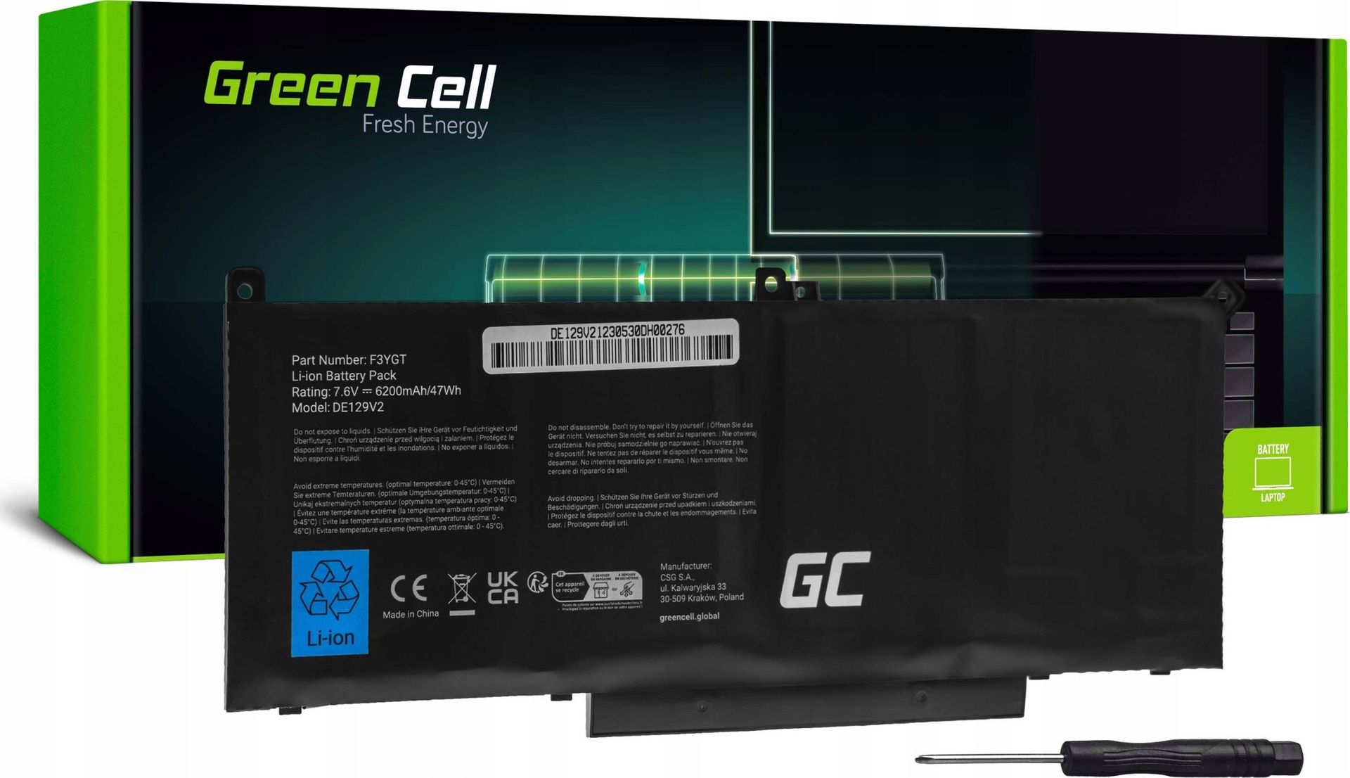 Bateria Green Cell GREEN CELL battery F3YGT for Dell Latitude 7280 7290 7380 7490 7.6V 6200mAh