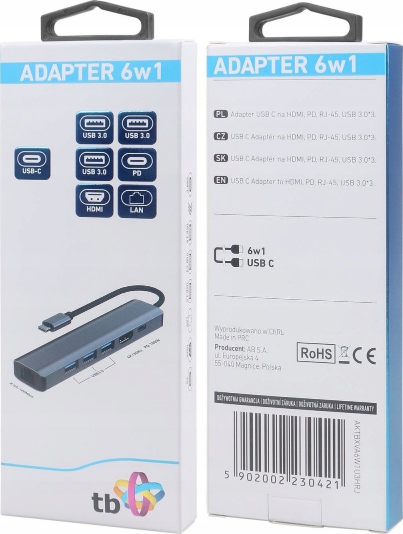 HUB USB TB Print Adapter HUB USB C 6w1 - HDMI, USBx3, PD, RJ-45
