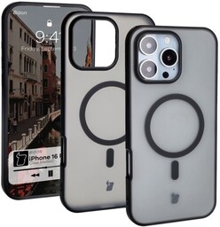 Bizon Etui z pierścieniem magnetycznym Case MatteO do iPhone 16 Pro Max, półprzezroczyste z czarną ramką
