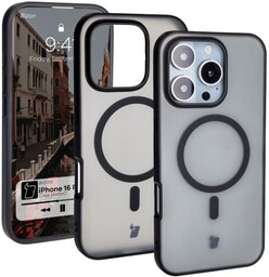 Bizon Etui z pierścieniem magnetycznym Case MatteO do iPhone 16 Pro, półprzezroczyste z czarną ramką