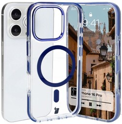 Bizon Etui z pierścieniem magnetycznym Case Marco do iPhone 16 Pro, przezroczyste z niebieską ramką