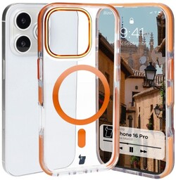 Bizon Etui z pierścieniem magnetycznym Case Marco do iPhone 16 Pro, przezroczyste z pomarańczową ramką