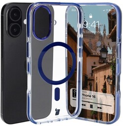 Bizon Etui z pierścieniem magnetycznym Case Marco do iPhone 16, przezroczyste z niebieską ramką