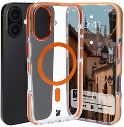 Bizon Etui z pierścieniem magnetycznym Case Marco do iPhone 16, przezroczyste z pomarańczową ramką