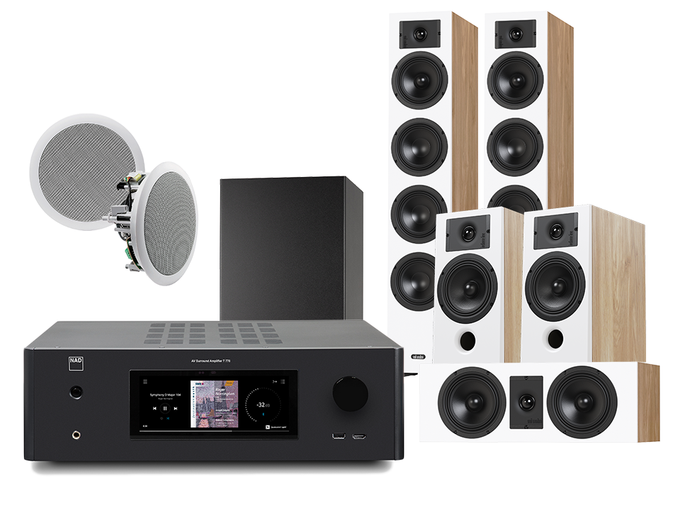 NAD T 778 (czarny) + Diva 6 + 3 + 7 (dąb) + RD 280 (biały) + BASSO 880 (czarny)