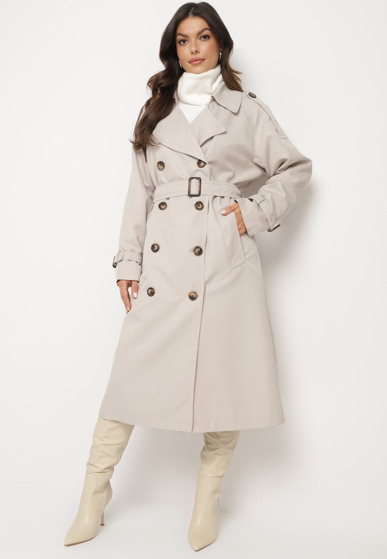 Jasnobeżowy Dwurzędowy Płaszcz Trencz o Oversizowym Kroju z Paskiem Inathara