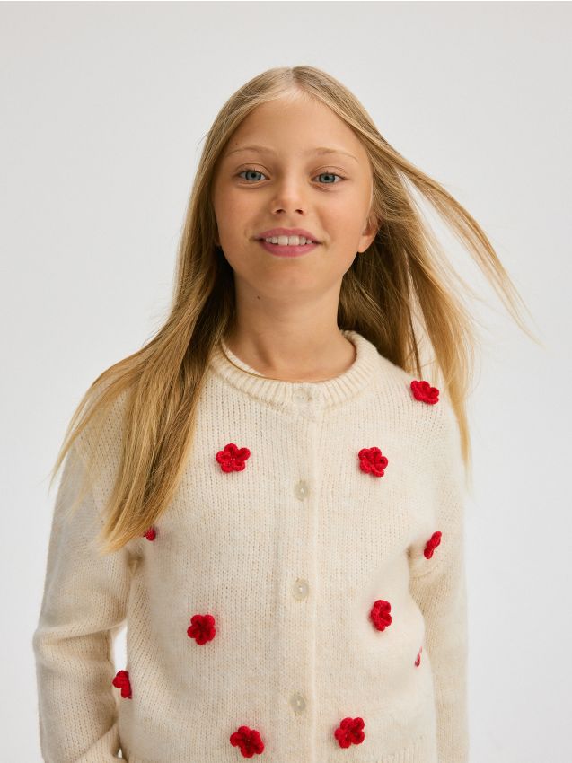 Reserved - Kardigan z kwiatową aplikacją - kremowy