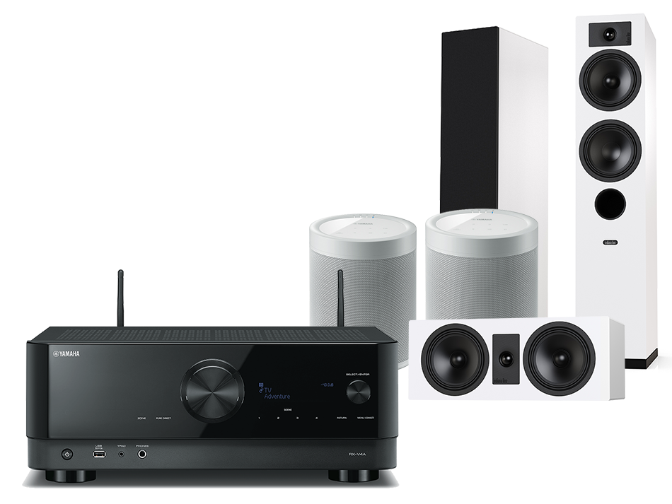 Yamaha RX-V4A (czarny) + Tesi 5 + 7 + 2 x MusicCast 20 (biały)