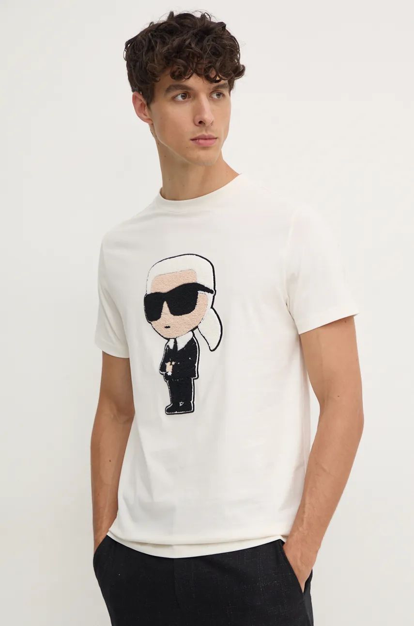 Karl Lagerfeld t-shirt bawełniany męski kolor beżowy z aplikacją 544250.755075