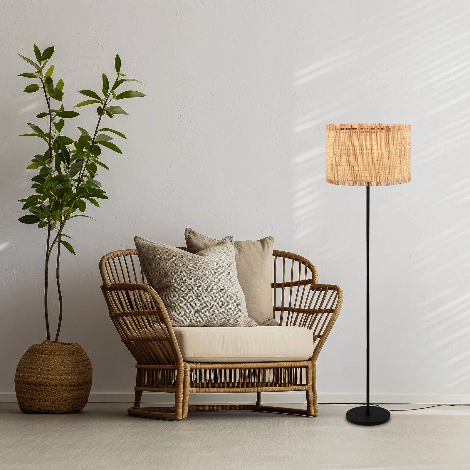 Briloner Lampa stojąca Borra, kolor naturalny, metal, słoma, E27