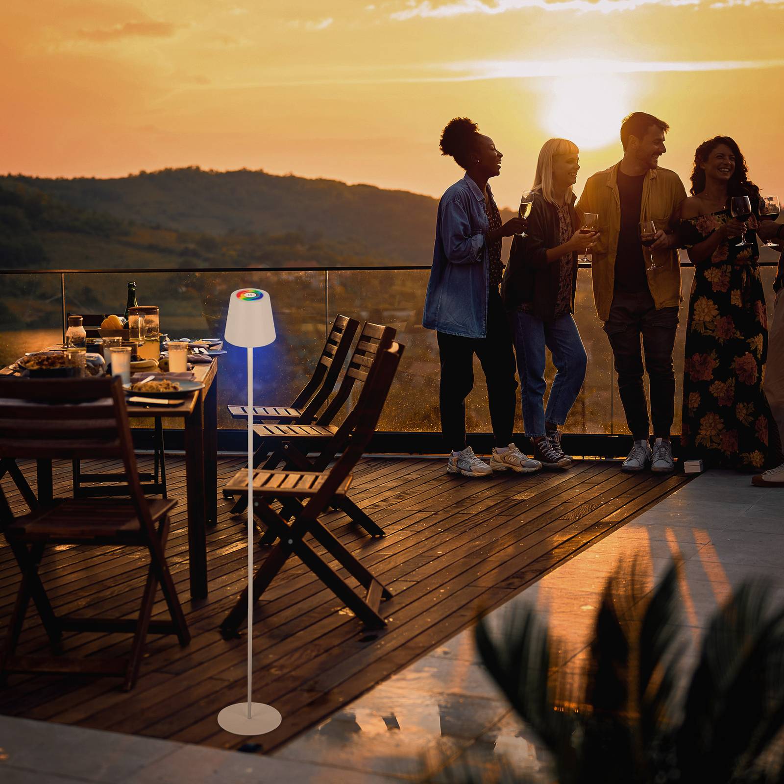 Briloner Lampa stojąca LED Coloris, biały, RGB, ściemniany, IP44, USB