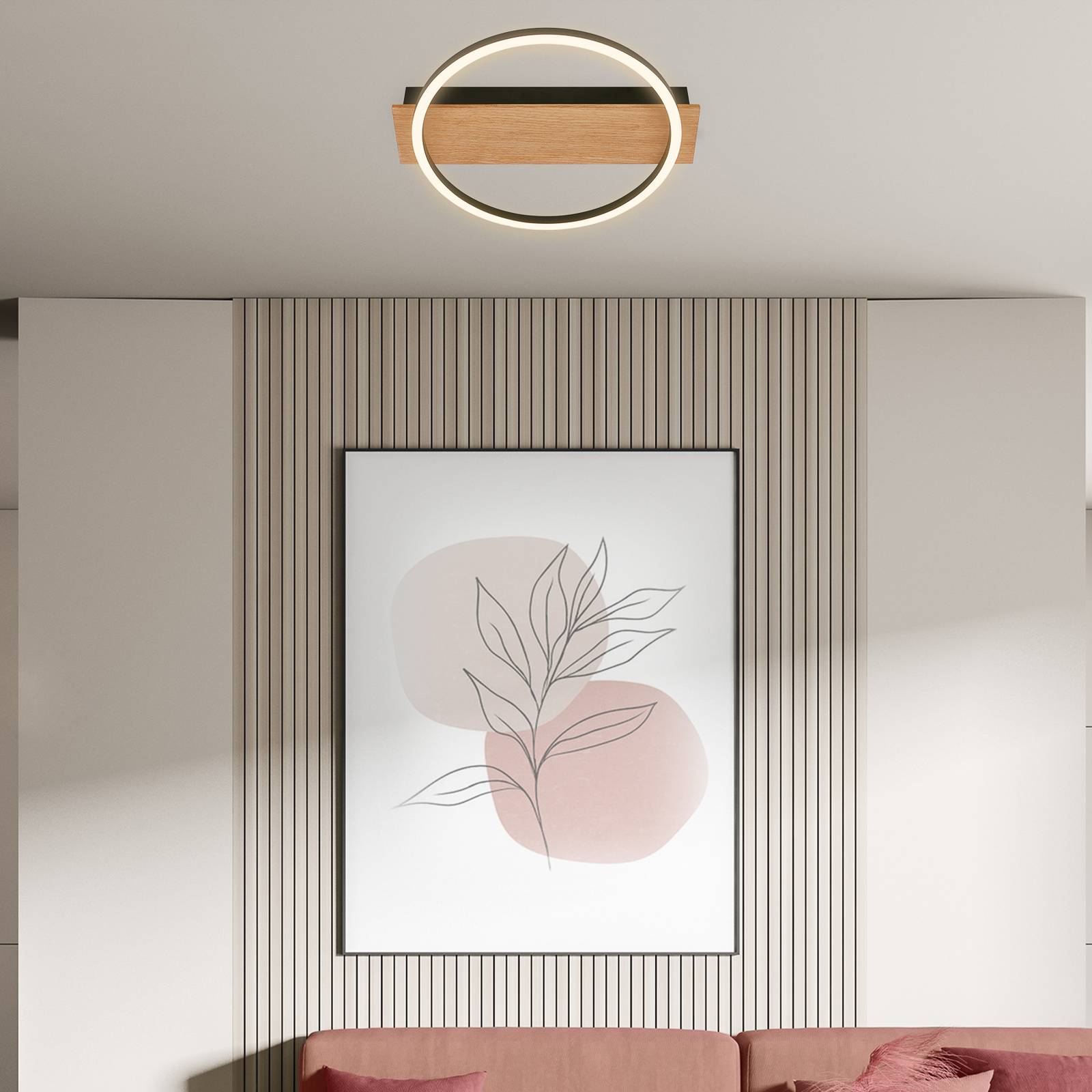 Briloner Lampa sufitowa LED Kada, Ø 30 cm, drewno, metal, czarny