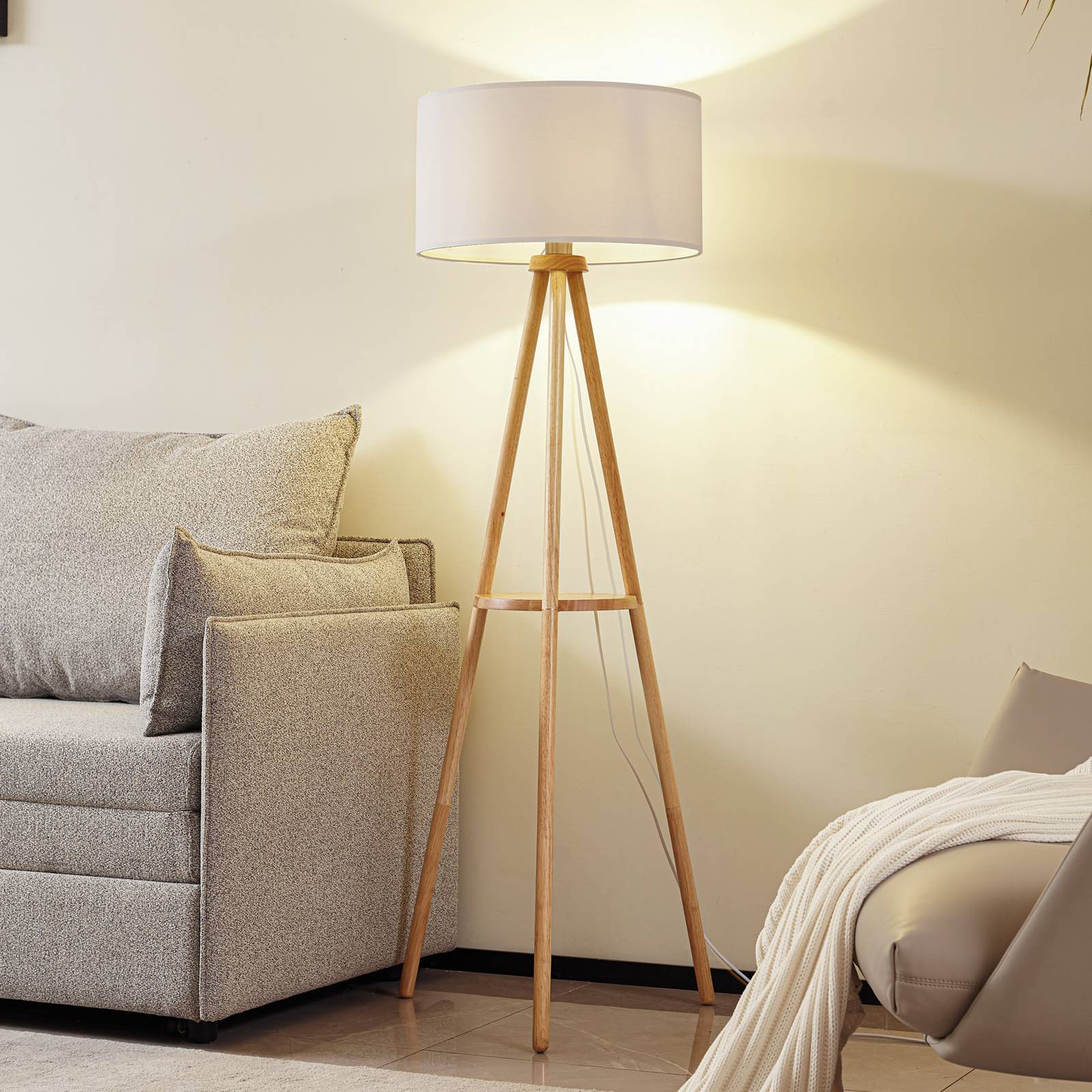 Lampa stojąca Lindby Adamio, biały, tkanina, Ø 45,5 cm