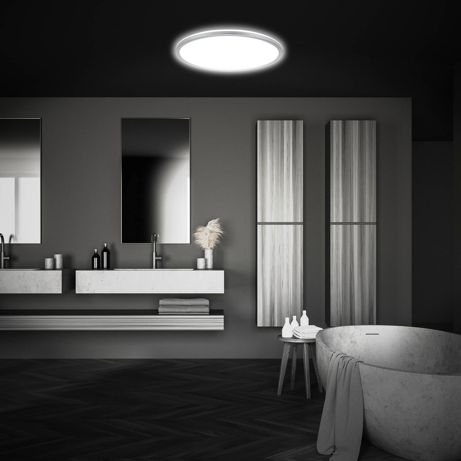 Briloner Lampa sufitowa LED Pulap, matowy chrom, Ø 29 cm, tworzywo sztuczne, IP44