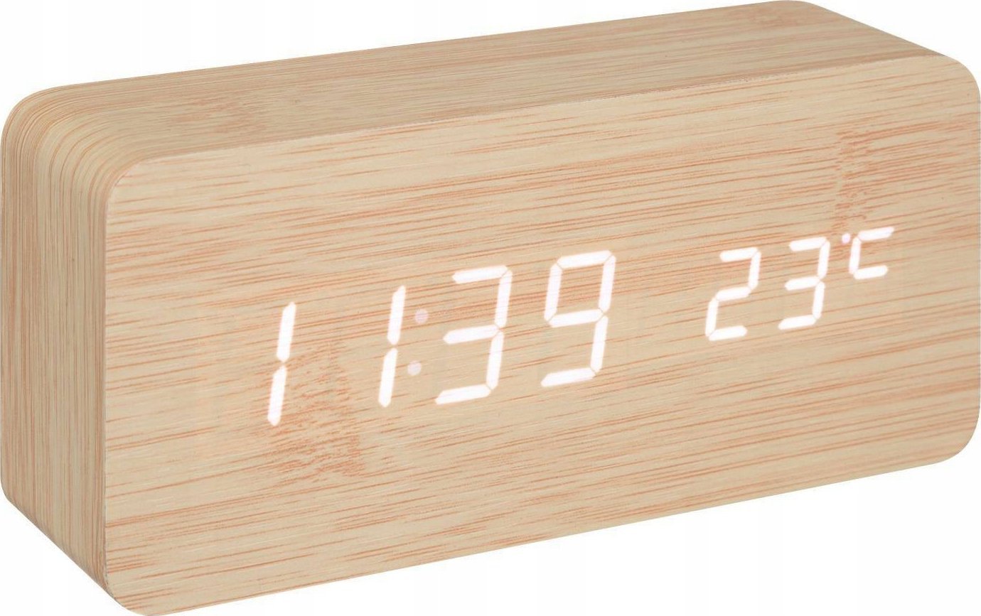 Atmosphera Budzik drewniany Gamiel, termometr, alarm, 15 x 4 x 7 cm