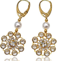 Kryształy Perły Kolczyki Crystal Flow Gold Pearl Złote Srebro