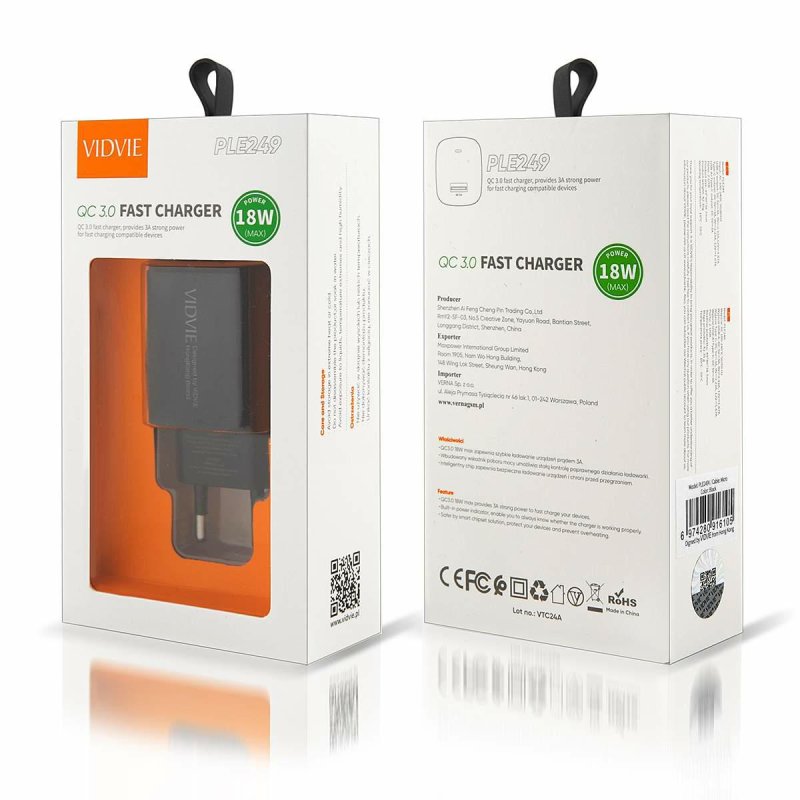 Ładowarka sieciowa VIDVIE PLE249 1xUSB 3A 18W QC 3.0 czarny