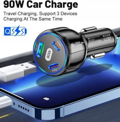 Ładowarka ECOBOX SZYBKA ŁADOWARKA SAMOCHODOWA 90W PORTY 2XTYP C + 1XUSB