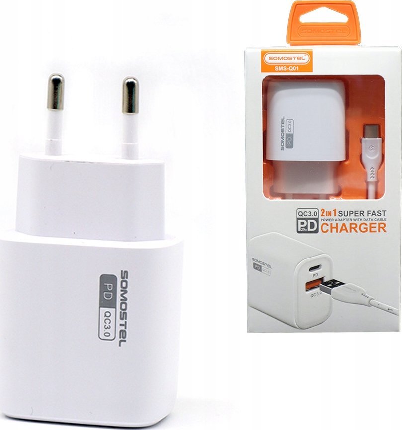 Ładowarka Vega ŁADOWARKA SIECIOWA 3A 18W + KABEL TYP-C BIAŁA SOMOSTEL POWER DELIVERY QC3.0  SMS-Q01 PD+USB>