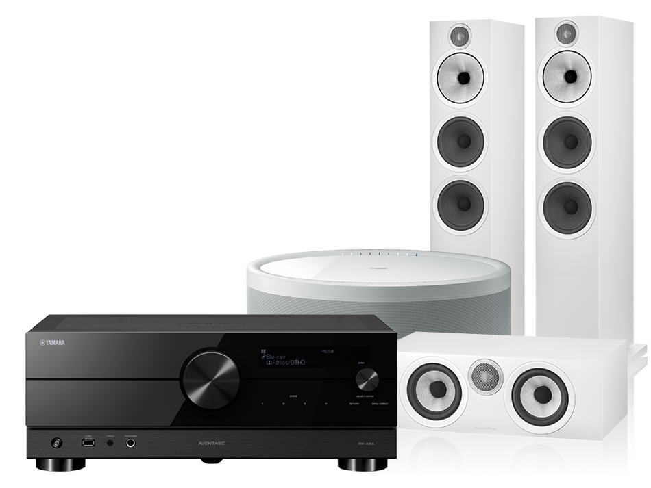 Yamaha RX-A2A (czarny) + 603 S3 + HTM6 S3 + MusicCast 50 (biały)
