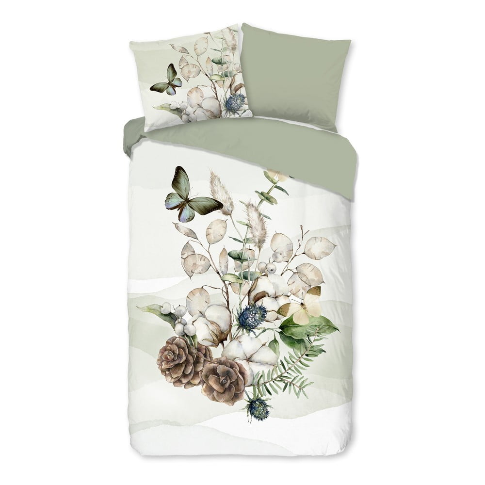 Zielono-kremowa flanelowa pościel jednoosobowa 140x220 cm Marjan – Good Morning